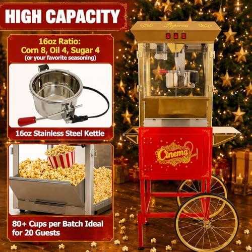 Image of Commercial Popcorn Machine with Cart - 16 OZ Kettle Popcorn Makers with Heating, 3-Switch Control & Tempered Glass Doors, for Office, Schools, Home, Carnival, Movie Theath, Parties, Christmas, Red