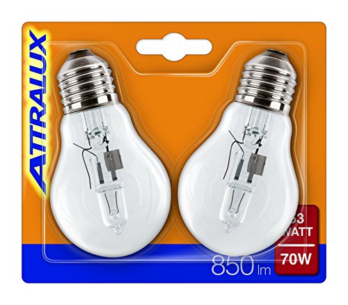 Attralux 925693144234 Halogen-Leuchtmittel, klassisches Design, E27-Sockel, Verbrauch 53 W, Warmweiß, 2 Stück