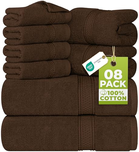 Utopia Towels 8-Piece Premium Towel Set 2 Bath Towels 2 Hand Towels and 4 Wash Cloths 600 GSM 100% Ring Spun Cotton Highly Absorbent Towels for Bathroom Gym Hotel and Spa (Brown)