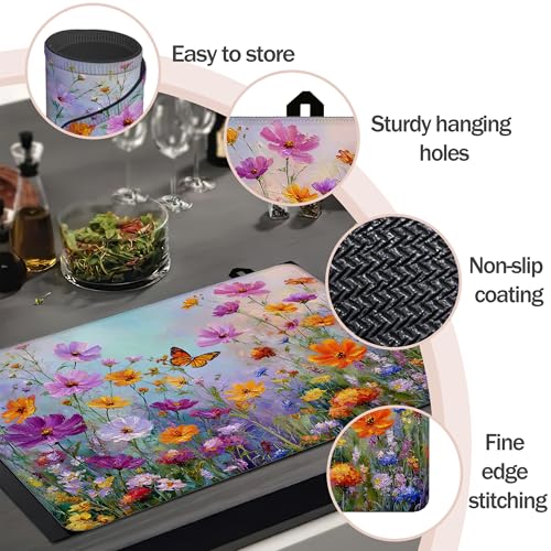 Image of Colorful Flowers Butterflies Stove Top Covers Pad 28 x 20 inches Dish Drying Mat Coffee Bar Mats Kitchen Decor Absorbent Pad Fit Coffee Maker Machine Dish Drying
