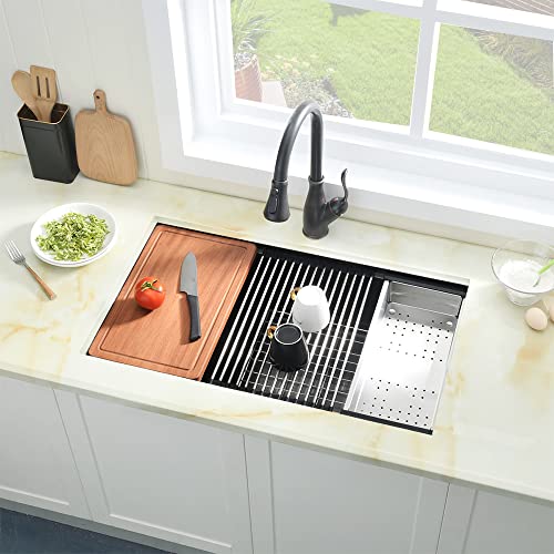 33 Inch Black Undermount Sink Workstation, Jshozzy Stainless Steel Undermount Kitchen Sink Deep Single Bowl Kitchen Sink With Offset Drain And Accessories #TOP1