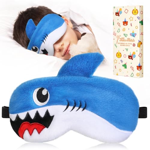 Miss Adola Sleep Mask for Kids - Valentines Gift for Kids Cute Plush Fuffy Sleeping Eye Cover Kawaii Soft Eyeshade Animal Eye Blindfold for Girls Boys Teens with Adjustable Strap Shark