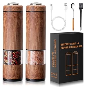 Electric Salt and Pepper Grinder Set Rechargeable – Automatic Salt and Pepper Shakers with Adjustable Coarseness, LED Light, One-Hand Operation Salt and Pepper Shakers Set (Wood Grain)
