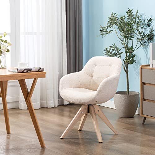 Kinwell 2022 Upgrade Swivel Armchair Fabric Accent Chair Dining Chair, Desk Chair No Wheels With Sturdy Oak Wood Legs For Small Space Home Office Slim Adult, Beige #TOP7