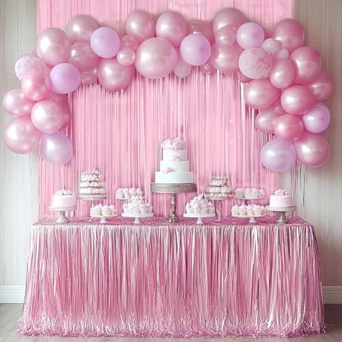 Image of 4 Packs Pastel Pink Foil Fringe Curtain, Baby Pink Metallic Tinsel Backdrop for Birthday, Wedding, Baby Shower, Princess Bachelorette Cowgirl Bow Party Decorations Supplies