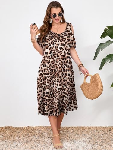 Image of LARACE Plus Size Women Dress for Summer, Midi Women's Sundress, Casual V-Neck Short Sleeve Flowy T-Shirt Dresses with Pockets
