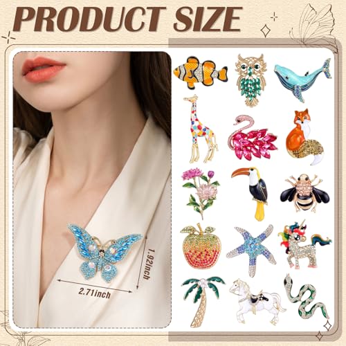 Image of Sasylvia 16 Pcs Women Brooch Set Rhinestone Vintage Animal Insect Plant Pins Brooches Bulk for Christmas Women Girls Gifts