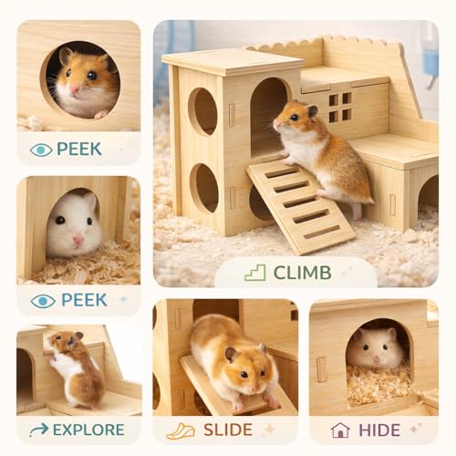 Tiny Hamster Maze Wood House Fun Slide House Double-Decker Hut for Dwarf Gerbil Mouse Mice Rat Small Animals(Only for Small Hamster) - Image 3