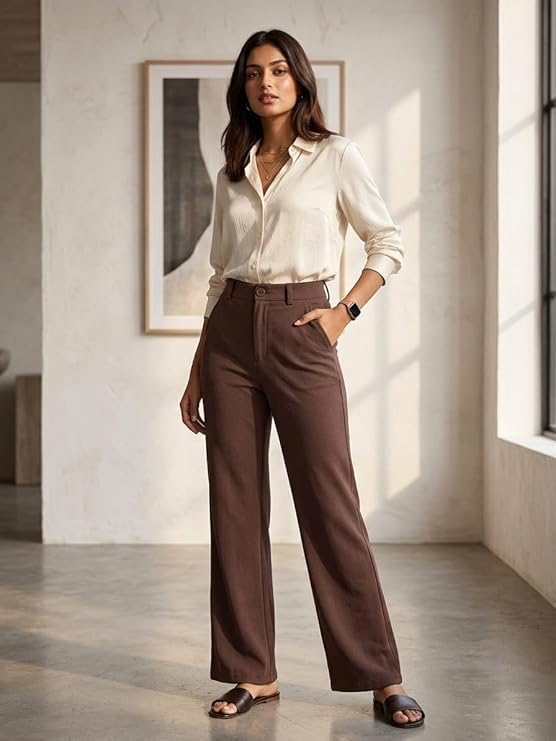Image of Women Cotton Blend Formal Straight Fit Trousers High Waist Office Wear Pants