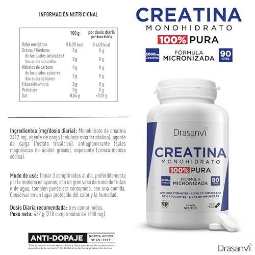 Miniatura 5 de Drasanvi Creatina Monohidrato 100% Pura en Comprimidos, 270 Unidades