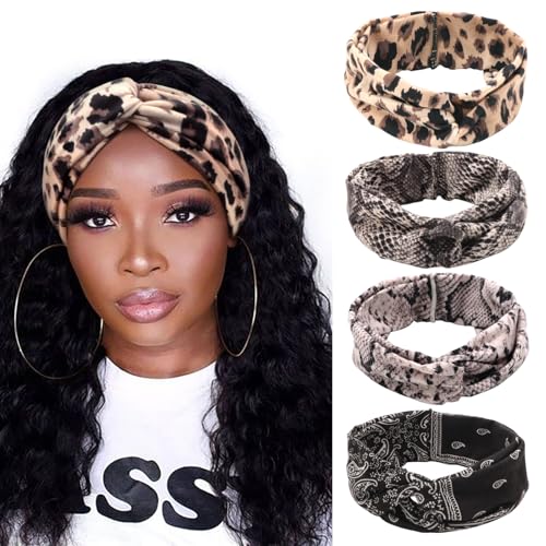 Image of DRESHOW 4 Pack Boho Cotton Non-Slip Headbands for Women Girls Yoga Workout Running Knotted Turban Floral Elastic Head Wrap