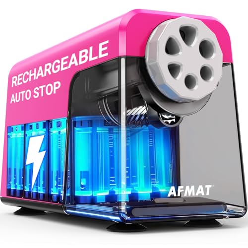 AFMAT Elektrischer Anspitzer 6 Löcher mit Behälter, Auto-Stop&Save Bleistifte, Wiederaufladbar Robust Elektrischer Spitzer für 6–11 mm Nr. 2/Groß/Buntstifte, 10.000 Spitzvorgänge,Rosa PSD1