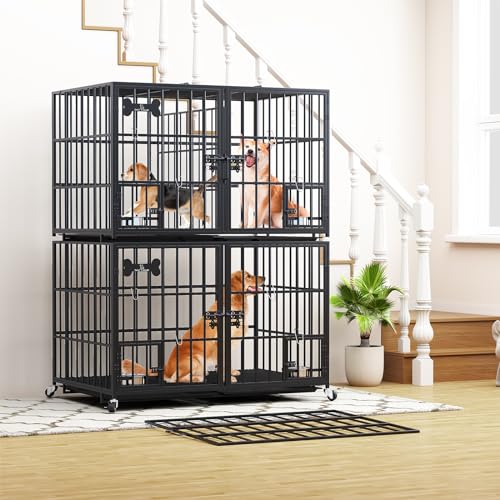 Hundekäfig, Hundebox mit Bodenschale, Hundekäfig mit Trennwand, Hundegitterbox mit 2 Türen und Tablett, 2 in 1 Doppelbox Hundegitterbox für Große und mittlere Hunde, 107 x 73 x 69 cm, Schwarz
