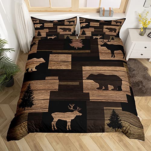 Erosebridal Rustic Farmhouse Duvet Cover Queen,Moose Lodge Bedding Set With Patchwork Of Grizzly Bears And Buffalo Plaid Check,Vintage Wooden Hunting Animal Comforter Cover With 2 Pillowcases #TOP5