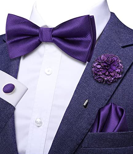 Image of Hi-Tie Bow Ties for Men Pre-Tied Pocket Square with Cufflinks Mens Bowtie Sets for Wedding Formal Party