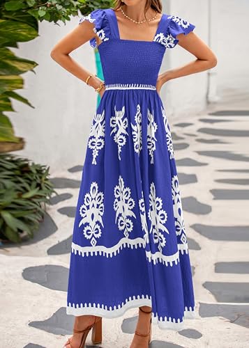 BTFBM Summer Dresses for Women 2025 Floral Smocked Boho Sleeveless Square Neck A Line Casual Beach Maxi Dress Pockets