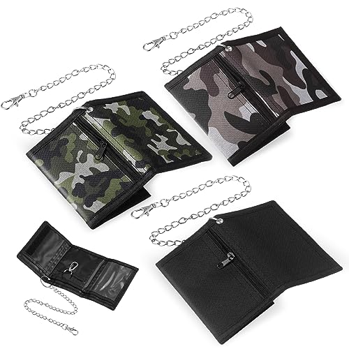 3 Pcs Wallet with Chain for Boys Men Girls Trifold Camo Wallets Pocket Camouflage Wallet with Chain Clip and Zipper Teen Halloween Christmas Birthday Gift, Camo Green, Black, Army Gray