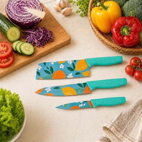 Image of Kitchen Knife Set 3-Piece Stainless Steel | Sharp Non-Stick Chef, Utility & Paring Knives | Ergonomic Non-Slip Handle for Vegetable, Fruit & Meat Cutting | Blue