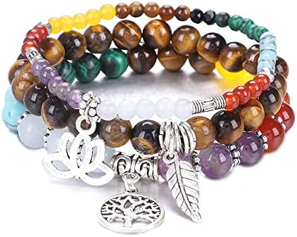 UEUC Natural Gemstone Chakra Bracelets for Women, Multilayer Tree of Life Lotus Crystal Healing Stone Bracelet Sets, Yoga Meditation Reiki Relax Bracelets for Stress Relief(#119)