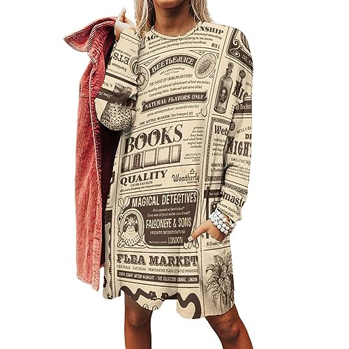 Newspaper Women's Long Sleeve Crewneck Sweatshirt Dress Pullover T-Shirt Dress with Pockets 4XL