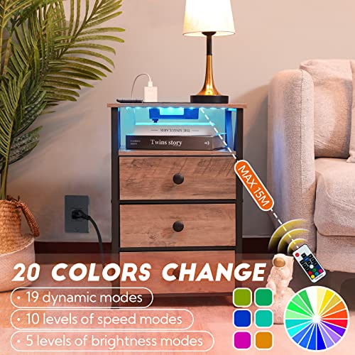 Amhancible Led Nightstand With Wireless Charging Station, Modern End Side Table With Usb Port & Power Outlet, Bedside Table With Fabric Storage Drawers For Bedroom, Living Room, Greige #TOP1