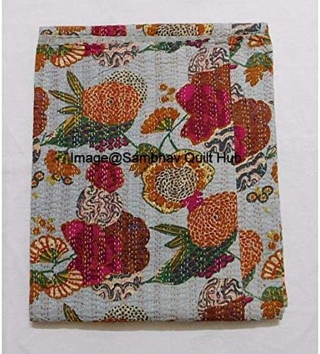 Queen/Twin/King Indian White Fruit Reversible Bedspread Pattern Gudri Pure Cotton Kantha Style Quilt Floral Fruit Print Decorative Kantha Stitch Quilt (90X108 inches)