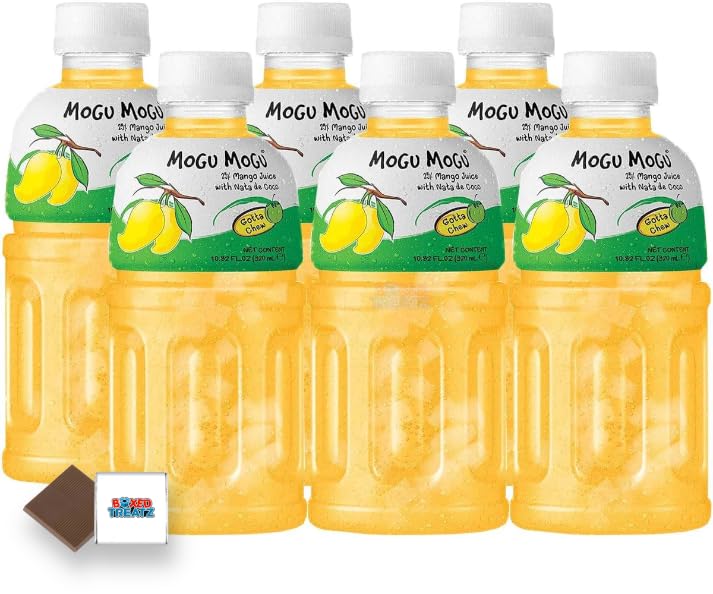 Mogu Mogu Flavored Drinks 6x320ml, MANGO - Nata De Coco Juice - Refreshing Taste - Fun Drinking During Hot Summers Or Take Them On Trips & Picnics Boxed Treatz