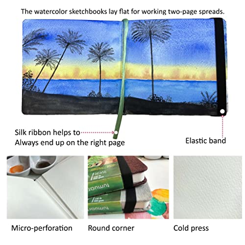 Image of tumuarta 140LB Cotton Watercolor Paper Sketchbook Journal, Cold Press | 5.5x5.5 inch, 300 GSM, 24 Sheets, 48 Pages, Acid Free Watercolor SketchBooks for Use As Mix Media Pad On The Go