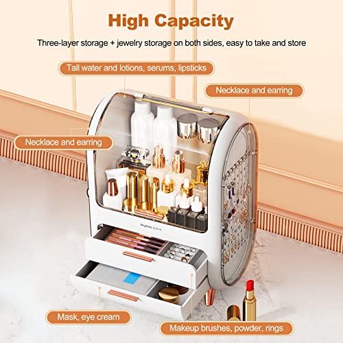 Galatée Multi-Function Make Up Case Dustproof Cosmetic Storage Box with JewelryHolder,Cosmetics Skin Care Products Jewelry Organizer Case Finishing Box Bedroom Bathroom Desktop - White - Image 6