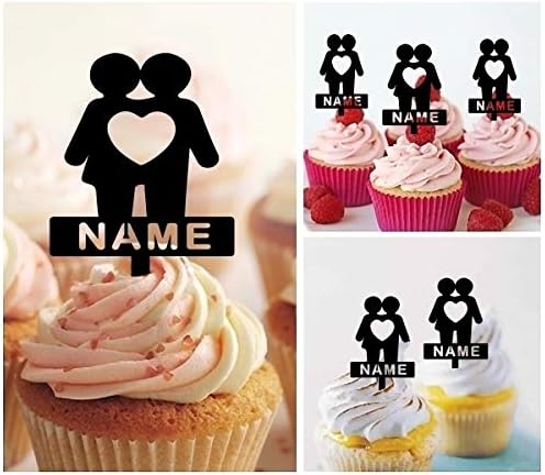 TA0700 Couple Love Heart Silhouette Party Wedding Birthday Acrylic Cupcake Toppers Decor 10 pcs with Personalized Your Name