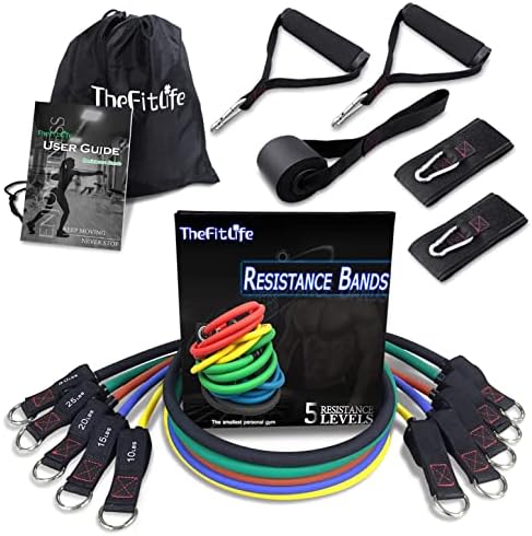 TheFitLife Exercise Resistance Bands with Handles - 5 Fitness Workout Bands Stackable up to 110 / 150 lbs, Training Tubes with Large Handles, Ankle Straps, Door Anchor Attachment, Carry Bag (110 LBS)