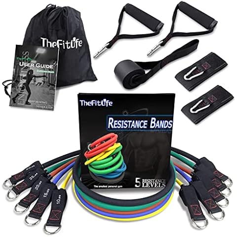 TheFitLife Exercise Resistance Bands with Handles - 5 Fitness Workout Bands Stackable up to 110/150 lbs, Training Tubes with Large Handles, Ankle Straps, Door Anchor Attachment, Carry Bag (110lbs) Cover