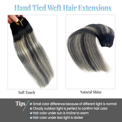Image of Balayage Blonde Highlight Weft Hair Extensions Human Hair Weave Extension Black Hair Balayage White Grey Highlights Sew in Hair Extensions Real Human Hair Wefts 18 Inch Hair Wefts Weave Bundles 100G
