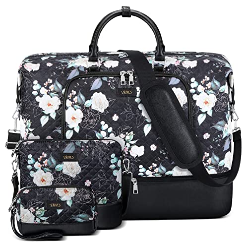 Image of Travel Weekender Bag for Women, 21 inch Overnight Bag with Shoe Compartment 50L Large Travel Duffel Bag Carry On Tote for Weekend, Overnight, Business Trips, Water Resistant, G-Black Flower 3pcs, Large
