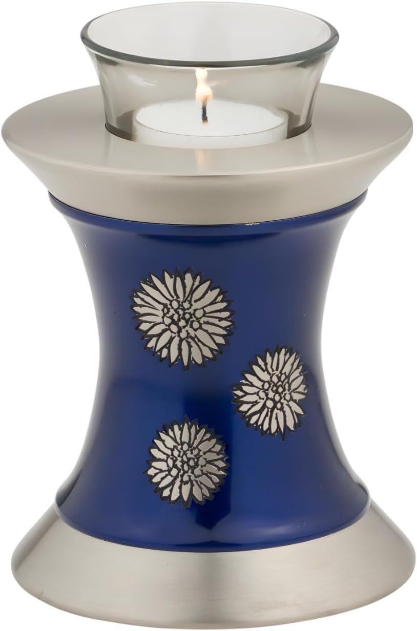 Flowers of Peace Tealight Urn for Ashes - Blue, Brass Memorial Candle Urn, Extra Small, 5.5 Inches High