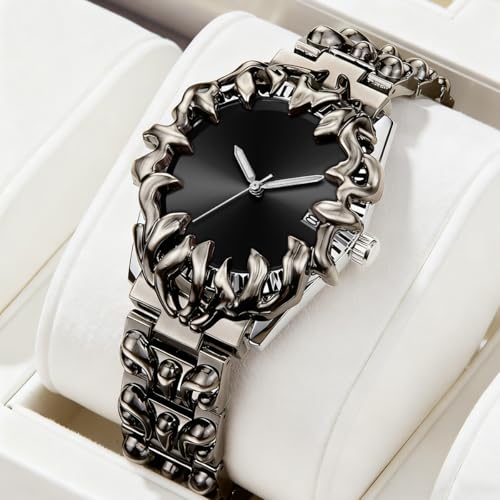 Image of CARLIEN Gothic Claw Watch for Men - Unique Stainless Steel Wristwatch, Luminous Hands, Waterproof Quartz Movement, Futuristic Melting Style, Cool Red & Green Color Options