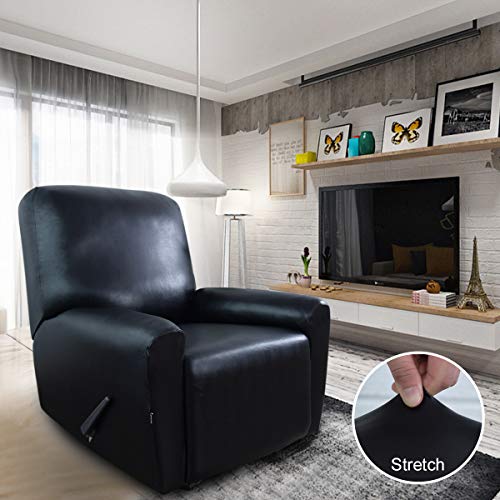 Image of Easy-Going PU Leather Recliner slipcovers, Waterproof Stretch Sofa Covers, 4 Pieces Stretch Furniture Protector, Anti-Slip Elastic Strap Shield Pets Kids Children Cats Dogs (Recliner, Black)