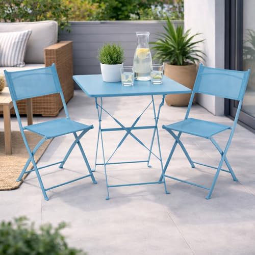 Mojawo 3er Set Outdoormöbel Balkonmöbel Set Bistroset Balkonmöbelset klappbar Türkis Tisch 60x60x71cm Klappstuhl