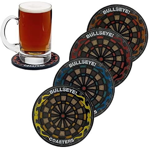 MEDOYOH Set of 4 Bulleye Drinks Coasters, Non-Slip Beer Coasters, Beer Mats, Washable Funny Coasters, Heat Resistant for Coffee, Beer Cups, Wine Glass Bottles, Home Pub Bar, 4 Colours Cover