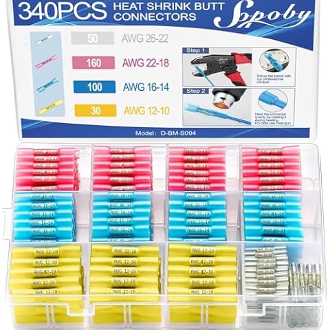340PCS Heat Shrink Butt Connectors, Sopoby Marine Grade Electrical Wire Connectors Kit, Tinned Red Copper Insulated Waterproof Crimp Terminals Butt Splice for Cable,Boat,Wiring Cover