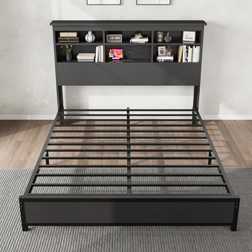 GarveeHome Queen Size Bed Frame with Bookcase Headboard, 2-Tier Storage Queen Platform Bed with Charging Station, No Box Spring Needed Easy Assemble Black Mattress Foundation