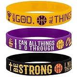 Power of Faith Basketball Purple Gold Legion's Silicone Bracelets with Inspirational Scriptures Matthew 19:26, Philippians 4:13, Ephesians 6:10, Motivational Wristbands Sports Gifts (Unisex)