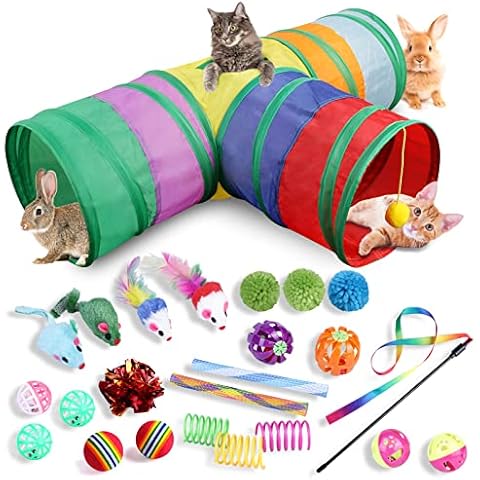 Katzenspielzeug Set,24 Stücke Katzen Spielzeug,3-Wege Katzentunnel,Faltbarer Kaninchentunnel mit Katzenbälle,Federspielzeug,Spielzeugmäuse,Interaktives Katzenspielzeug für Hasen Meerschweinchen Katzen Cover