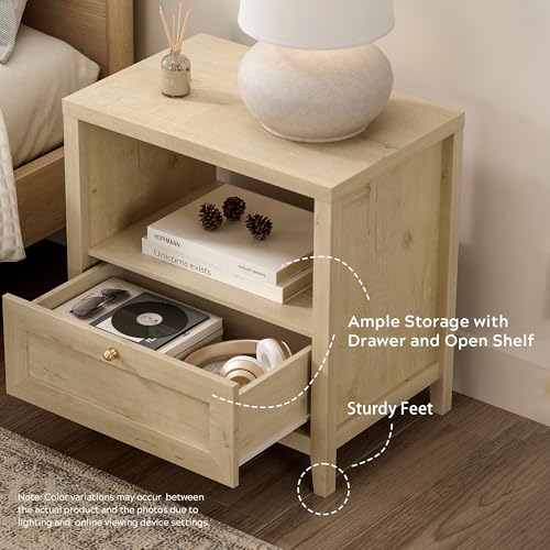Image of EYYTHUNG Wooden Nightstands with Drawer Modern 24 inch Wide End Table Night Stand Large Farmhouse Bedside Table with Open Shelf Mid Century Night Stands for Sofa, Light Oak