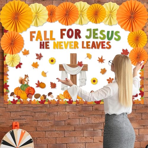 Image of Fall Christian Bulletin Board Decorations Set Fall for Jesus He Never Leaves Paper Cutouts for Classroom Autumn Sunday School Church Cross Cutout for Religious School Office Wall Decor