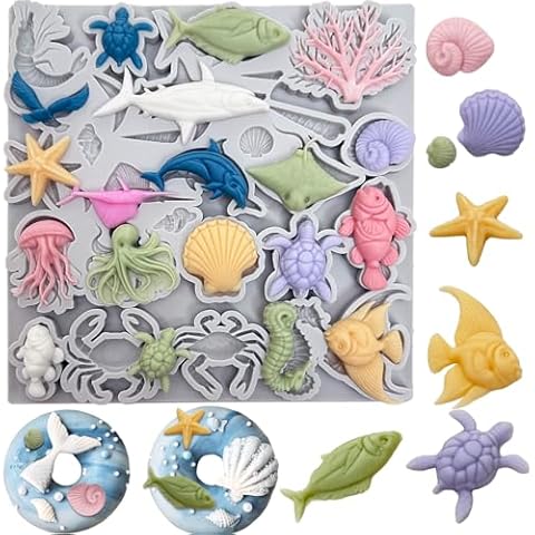Marine Theme Cake Fondant Silicone Mold Starfish Coral Seashell Seaweed Turtle Shark Shape Baking Mold For Chocolate Candy Ice Canle Soap Cake Cupcake Decoration Cover