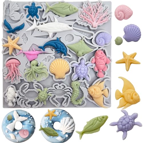 Ocean Animal Silicone Molds, Sea Creature Chocolate Candy Molds Starfish Coral Seashell Turtle Shark Shape Baking Mold For Fondant Ice Candle Soap Cake Cupcake Decoration by ZINDIACINE - Used condition - US$7.09