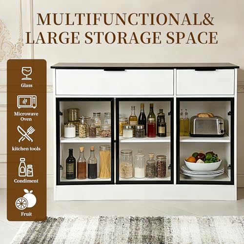 Image of Buffet Cabinet with Drawers, Buffet Storage Cabinet with Transparent Glass Doors, Kitchen Supplies Storage Cabinet, Wooden Coffee Bar Table for Dining Room,Living Room Entrance, White