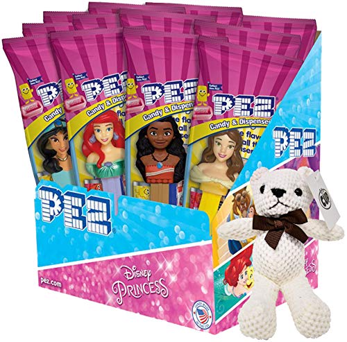 Pez Disney Princess Candy Ariel, Belle, Cinderella, Jasmine, Moana, and Aurora (Pack of 12) with By The Cup Teddy Bear