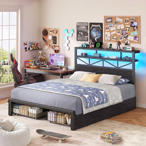 Image of Homkdom Full Size Bed Frame with Large 4 Drawers, 2-Tier Shelf, LED Light and Charging Station, Heavy Duty Platform Bed with 880 lbs Capacity, Easy Assembly, Black